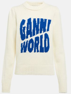 Жакардов вълнен пуловер Ganni бяло