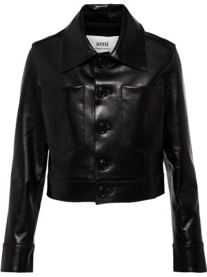 Укороченная кожаная куртка Ami Paris, черный