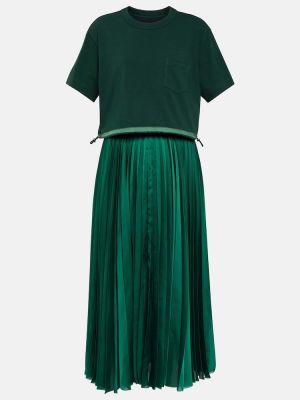 Plisované saténové midi šaty jersey Sacai zelené