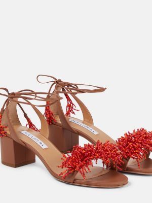Kožené sandále s korálky Aquazzura červená