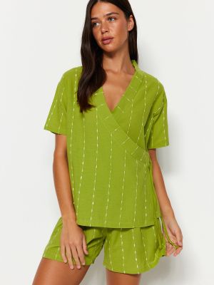 Pruhované bavlněné tričko relaxed fit Trendyol zelené