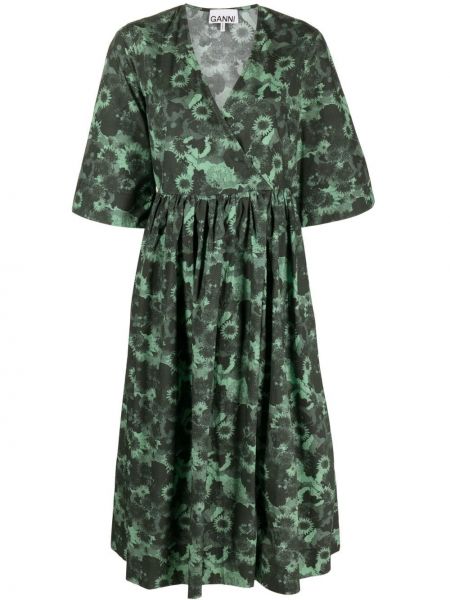 Bombažna midi obleka z v-izrezom Ganni zelena