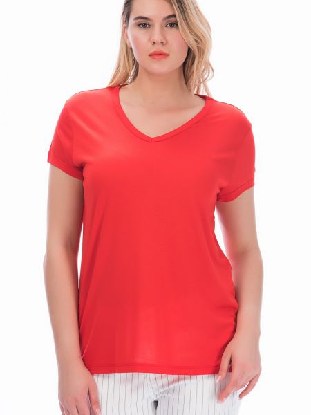 Βαμβακερή μπλούζα με λαιμόκοψη v şans κόκκινο