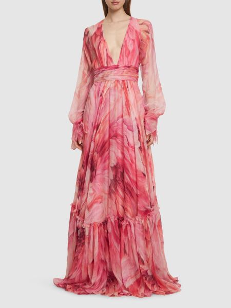 Šifonové hedvábné dlouhé šaty Roberto Cavalli růžové