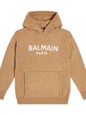 Kashmir ull hettegenser for gutter Balmain Kids beige