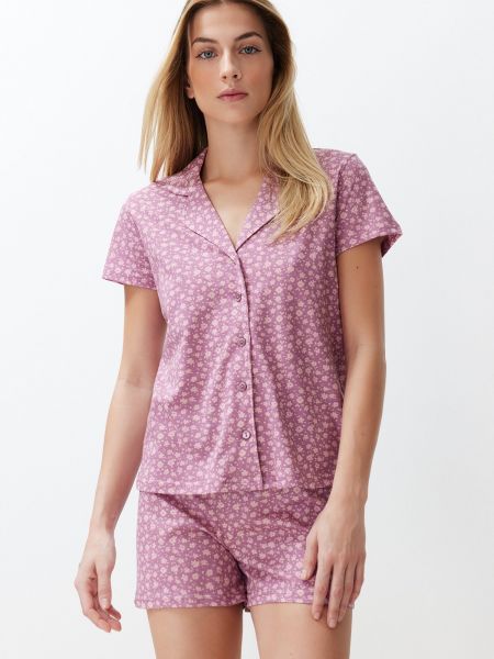 Pletena pamučna pidžama s cvjetnim printom Trendyol ružičasta