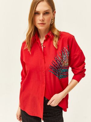 Koszula z cekinami oversize pleciona Olalook czerwona