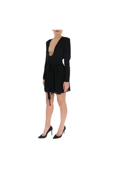 Mini vestido de seda con escote v Saint Laurent negro