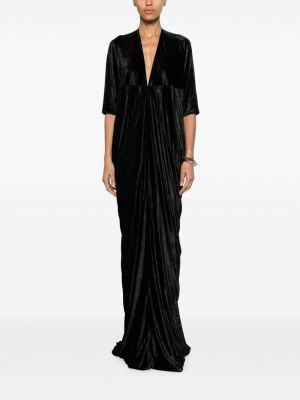 Drapované sametové dlouhé šaty s výstřihem do v Rick Owens Lilies černé