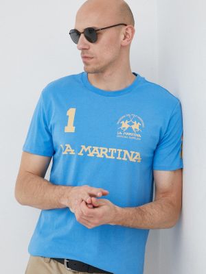Памучна тениска с дълъг ръкав с принт La Martina синьо