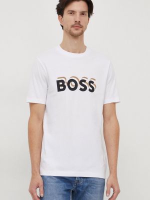Памучна тениска с дълъг ръкав с принт Boss бяло