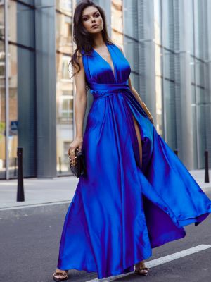 Satynowa sukienka długa Fasardi niebieska