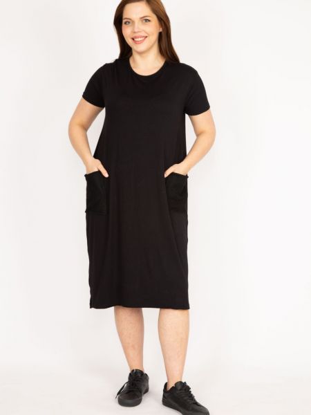 Sukienka mini z wiskozy z krótkim rękawem z kieszeniami Sans czarna