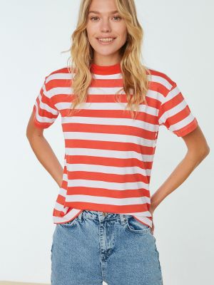 Tricou cu dungi tricotate cu guler de stand-up Trendyol roșu
