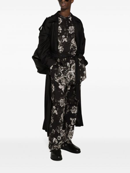 Květinové lněné rovné kalhoty s potiskem Dolce & Gabbana černé