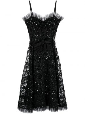 Saténové krajkové šaty s flitry Yves Saint Laurent Pre-owned - černá