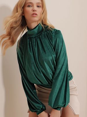 Bluza iz rebrastega žameta Trend Alaçatı Stili zelena