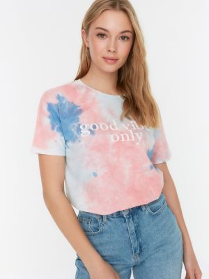 Batikované pletené tričko s potiskem Trendyol růžové