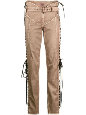 Spodnie sznurowane slim fit koronkowe Jean Paul Gaultier brązowe