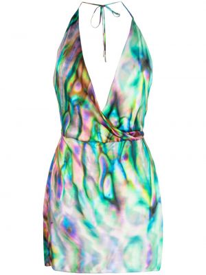 Fioletowa jedwabna sukienka koktajlowa z nadrukiem w abstrakcyjne wzory David Koma
