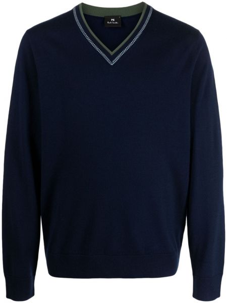 Sweter wełniany z dekoltem w serek Ps Paul Smith niebieski
