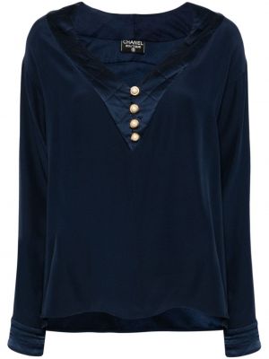 Копринена блуза с перли Chanel Pre-owned синьо