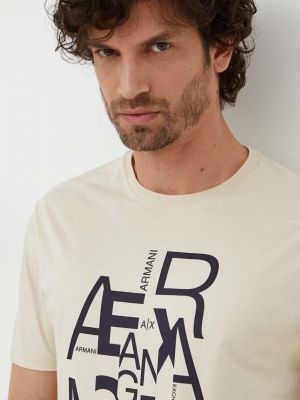 Памучна тениска с дълъг ръкав с принт Armani Exchange бежово