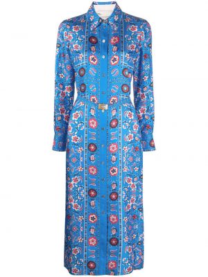Hedvábné košilové šaty s potiskem s paisley potiskem Tory Burch modré