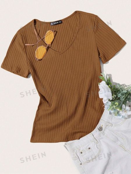 Однотонная трикотажная футболка с коротким рукавом Shein коричневая