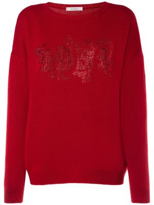 Volneni pulover z vezenjem iz kašmirja Max Mara rdeča