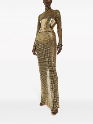 Křišťálové dlouhé šaty se síťovinou Dolce & Gabbana zlaté