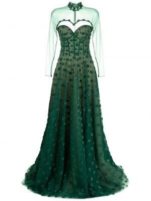 Tylové bodkované večerné šaty s korálky Saiid Kobeisy zelená