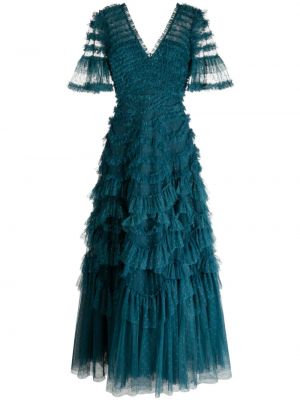 Sukienka wieczorowa z dekoltem w serek z falbankami Needle & Thread zielona