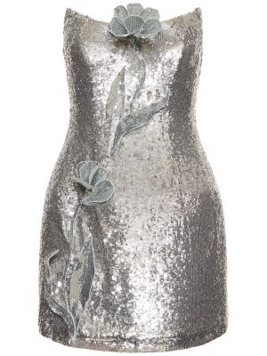 Květinové mini šaty Oscar De La Renta stříbrné
