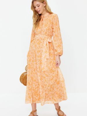 Плетена рокля от шифон с висока яка Trendyol оранжево