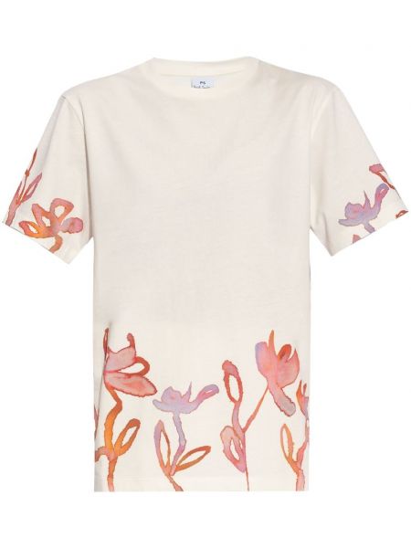 Kokvilnas t-krekls ar ziediem ar apdruku Ps Paul Smith balts