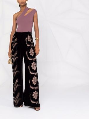 Pantalones con bordado de cintura alta de flores Alberta Ferretti negro