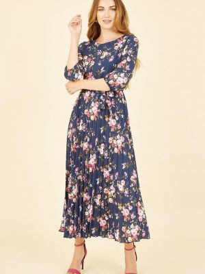 Длинное платье в цветочек с принтом с длинным рукавом Yumi синее