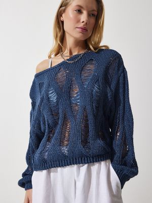 Ažurový sveter s lodičkovým výstrihom Happiness İstanbul modrá