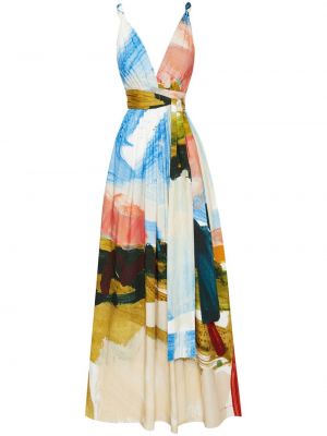 Sukienka koktajlowa z nadrukiem z dekoltem w serek w abstrakcyjne wzory Oscar De La Renta niebieska