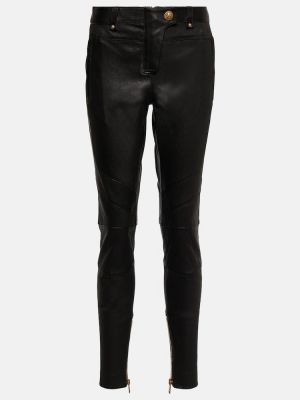 Pantalones de cintura baja de cuero slim fit Balmain negro
