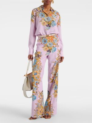 Svilene hlače visoki struk s cvjetnim printom Etro ružičasta