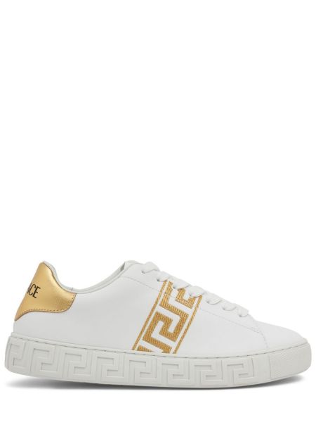 Zapatillas con bordado de cuero de cuero sintético Versace blanco