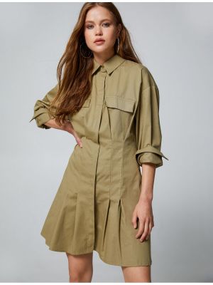 Плиссированное хлопковое платье-рубашка с длинным рукавом Koton коричневое