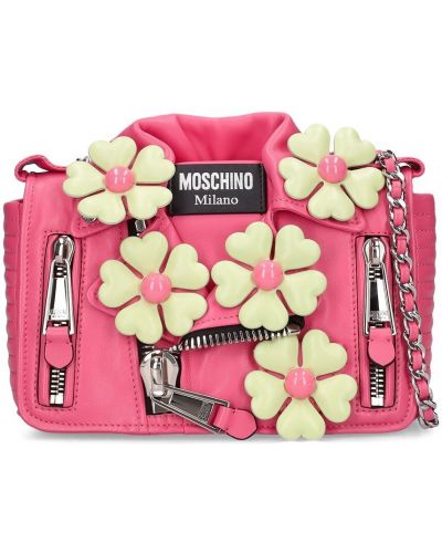 Кожени чанта за ръка на цветя Moschino розово
