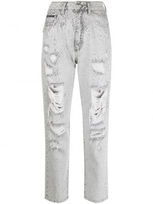 Křišťálové džíny s klučičím střihem Philipp Plein šedé