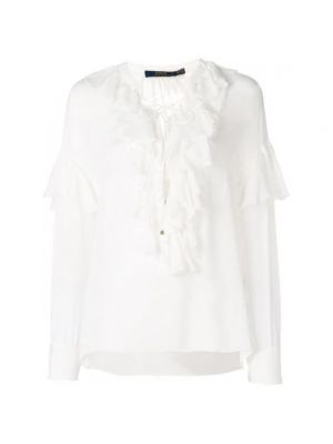 Jedwabna bluzka z dekoltem w serek z falbankami Polo Ralph Lauren biała