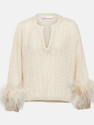 Moherowy sweter w piórka Valentino biały