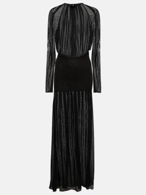 Tylové průsvitné dlouhé šaty Saint Laurent černé