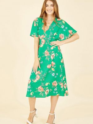 Платье миди в цветочек с принтом Yumi зеленое